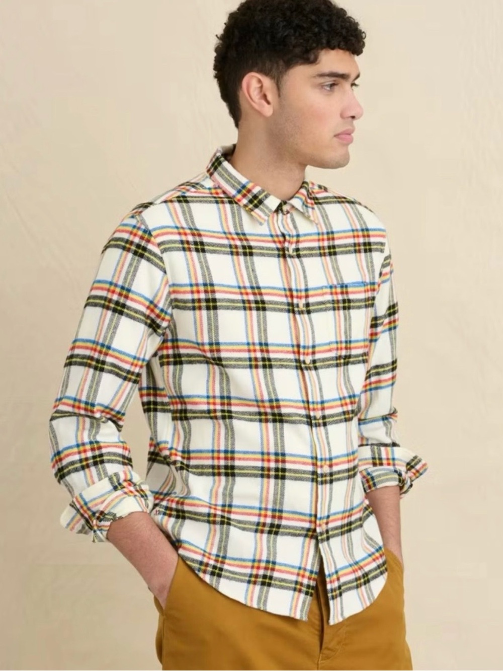 Alex Mill Flannel Button Up Shirt Men's Medium Ecru Plaid Long Sleeve Cotton